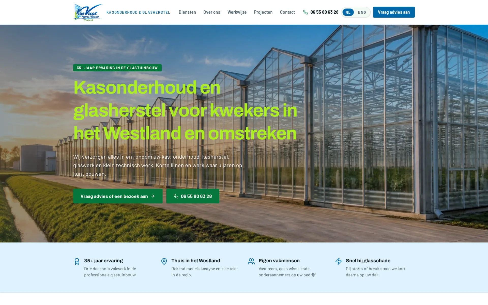 Van Vugt Horti Repair — website voor kasonderhoud en glasherstel in het Westland, gebouwd door NextBuild